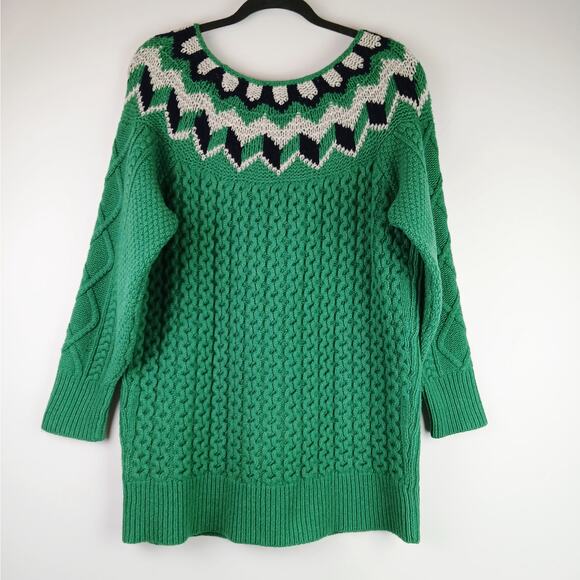 JCrew Collection SZ M 100% Chunky Wool Fair Isle Sweater In Green-White-Navy - Picture 4 of 8